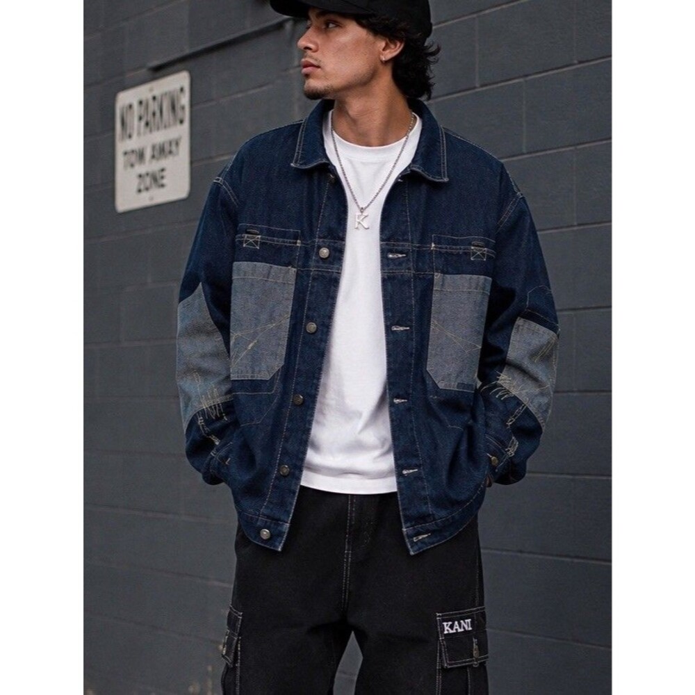 Karl Kani Denim Jean Jacket Collar Size XL Art Designer Blue Patchwork Lightning